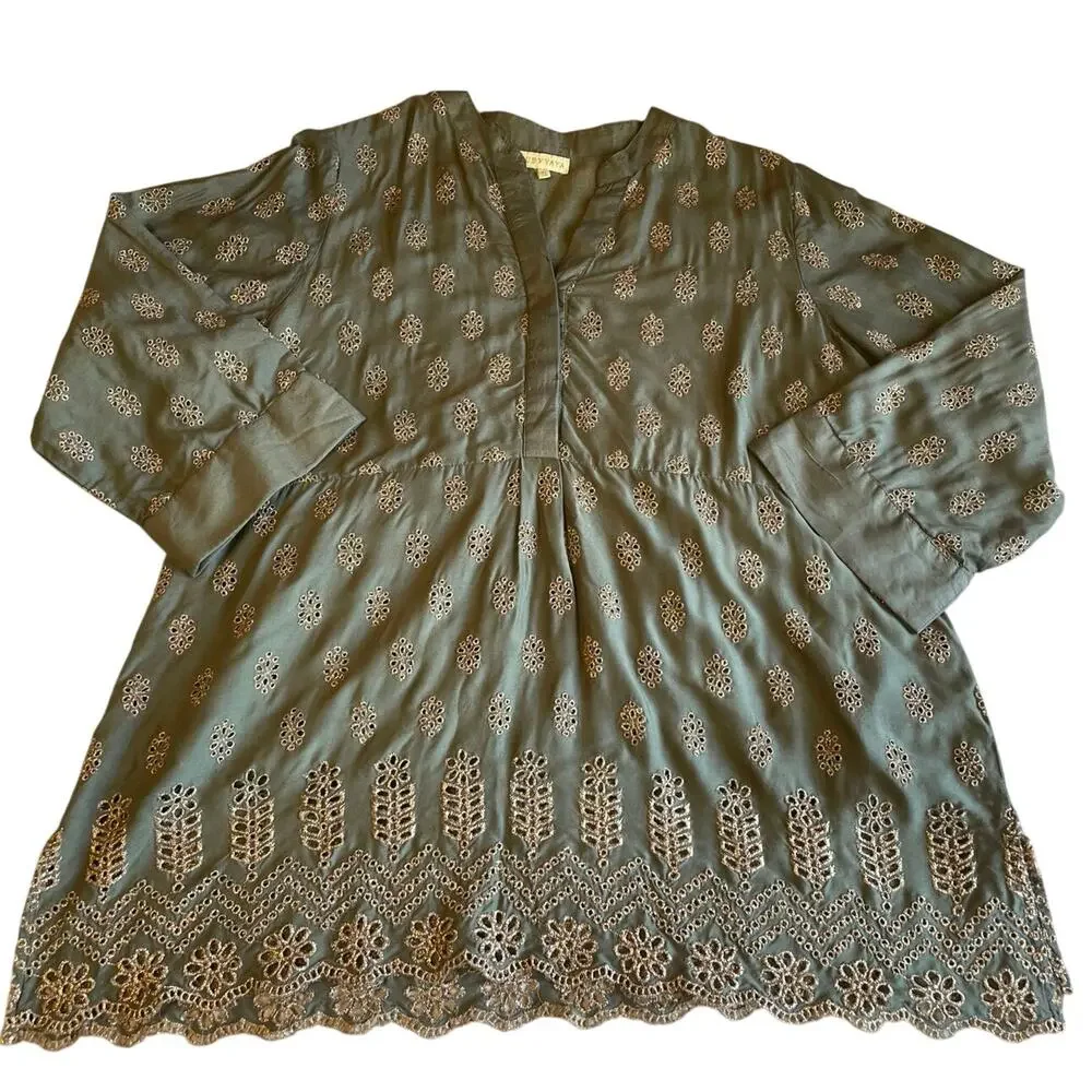 Ruby Yaya Boho Festival Style Green W/ Metallic Eyelet Long Sleeve Tunic XL - Picture 4 of 16